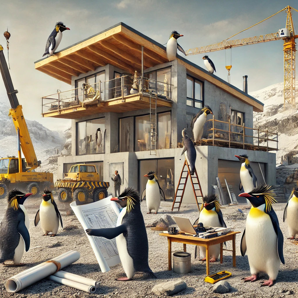 AI Rockhopper penguin as an architect directing work on a rocky beach