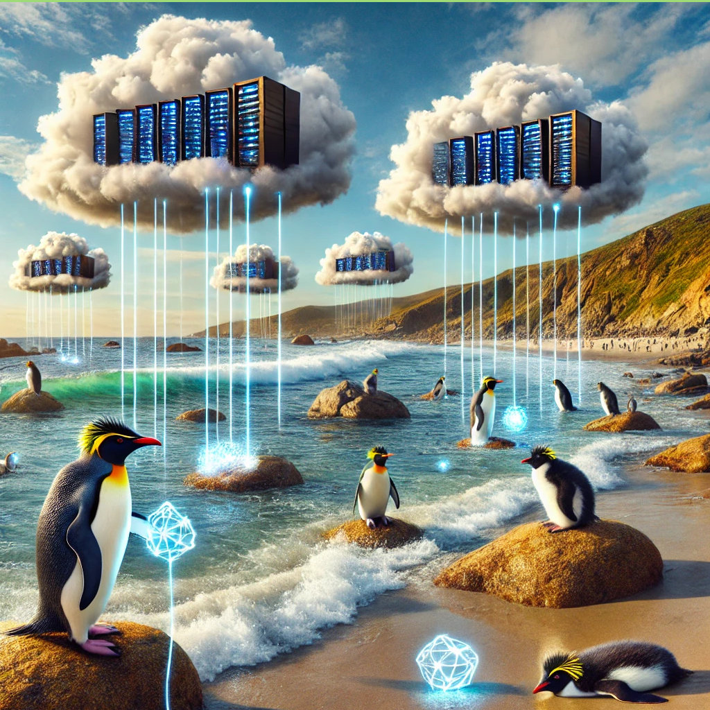 AI Rockhopper penguins using servers in clouds above a rocky beach AI Rockhopper penguins using servers in clouds above a rocky beach