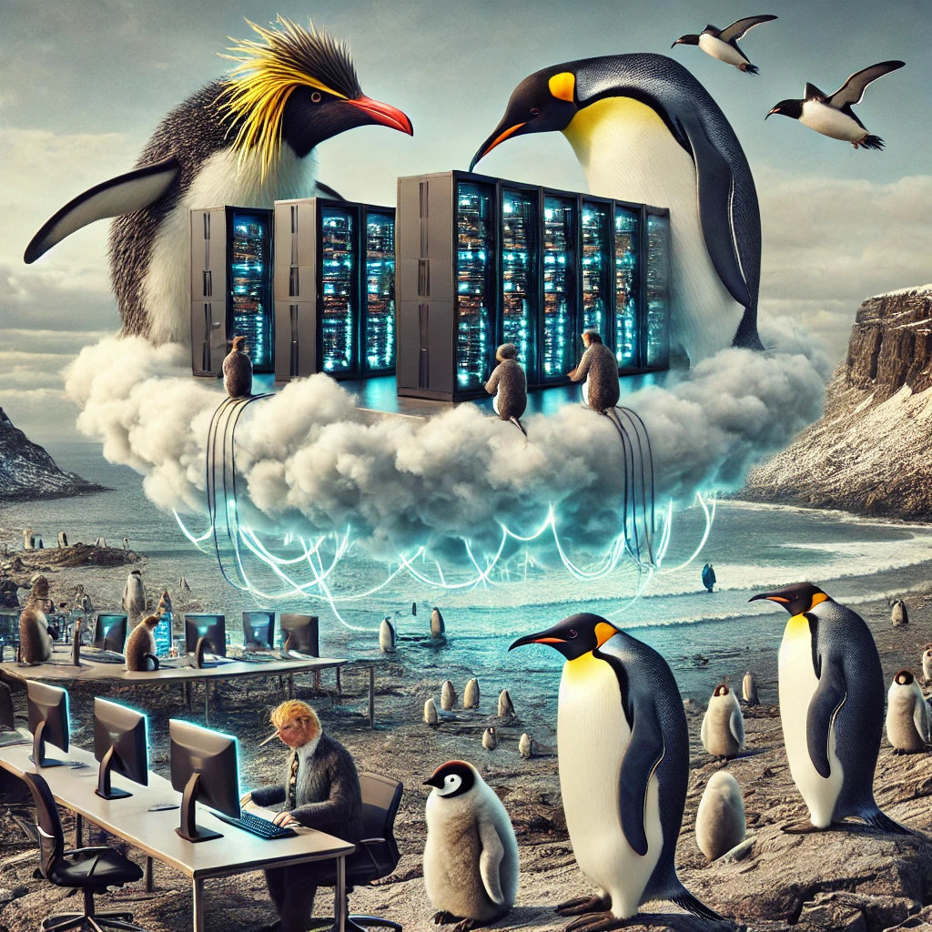 AI Rockhopper penguins using servers in clouds above a rocky beach AI Rockhopper penguins using servers in clouds above a rocky beach