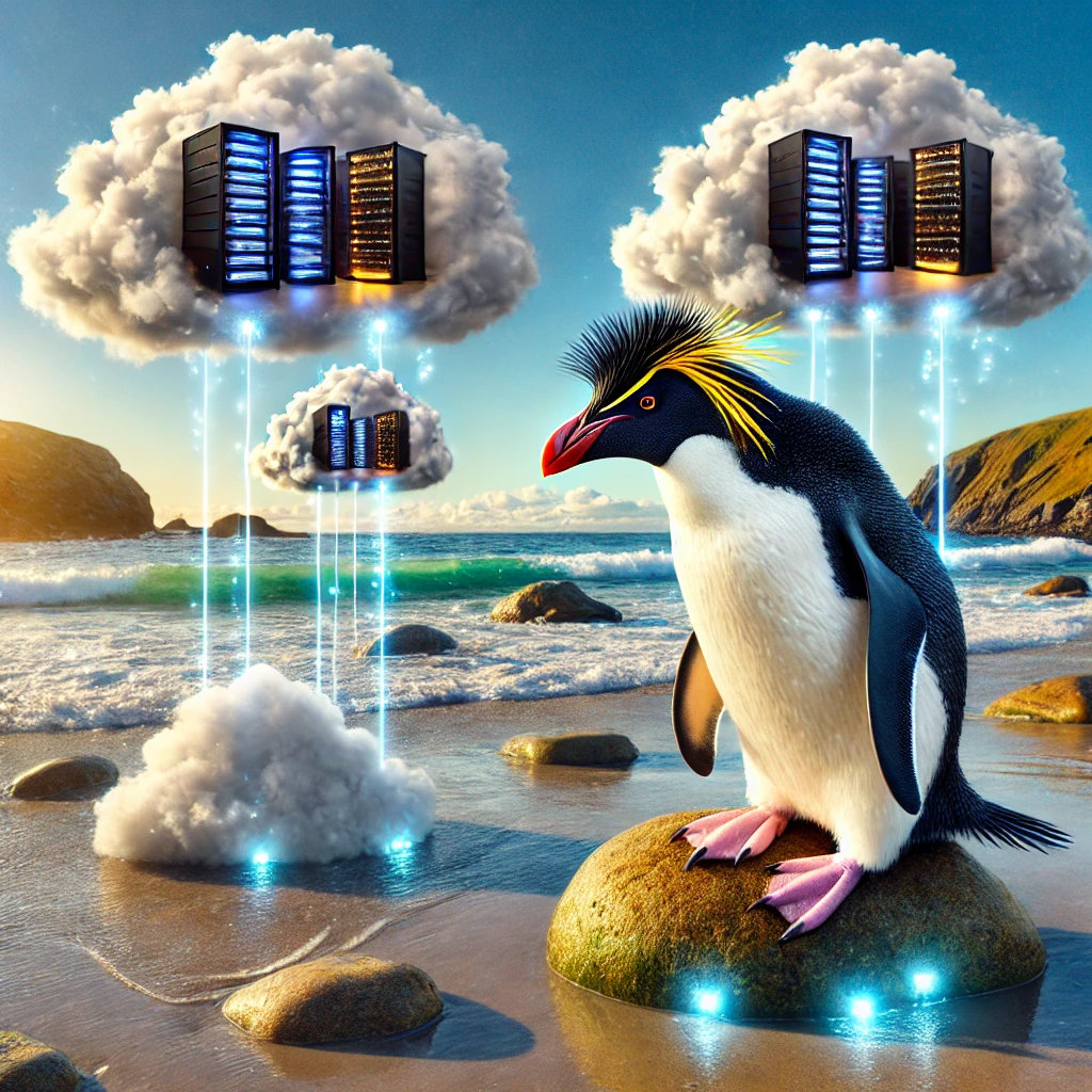 AI Rockhopper penguin with servers in clouds above a rocky beach