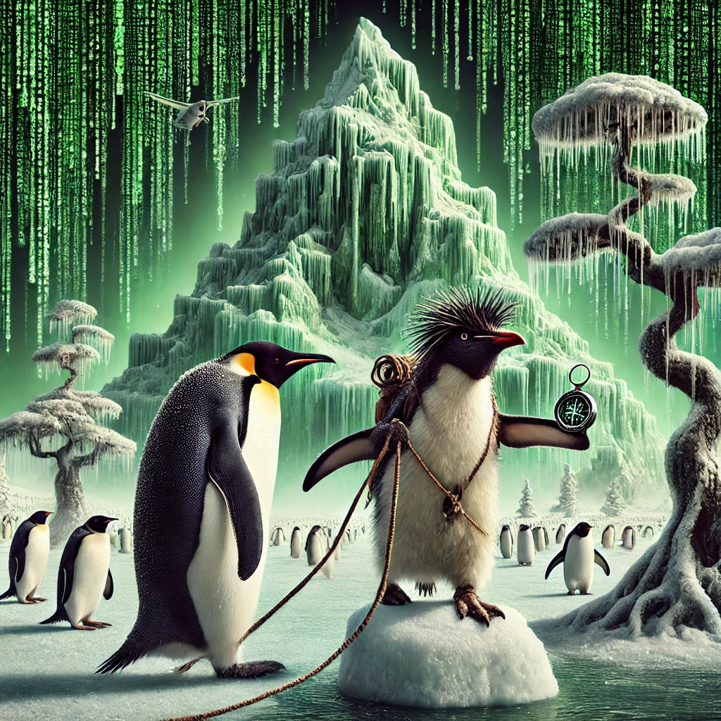 AI Rockhopper penguin guiding an emperor penguin through an arctic matrix