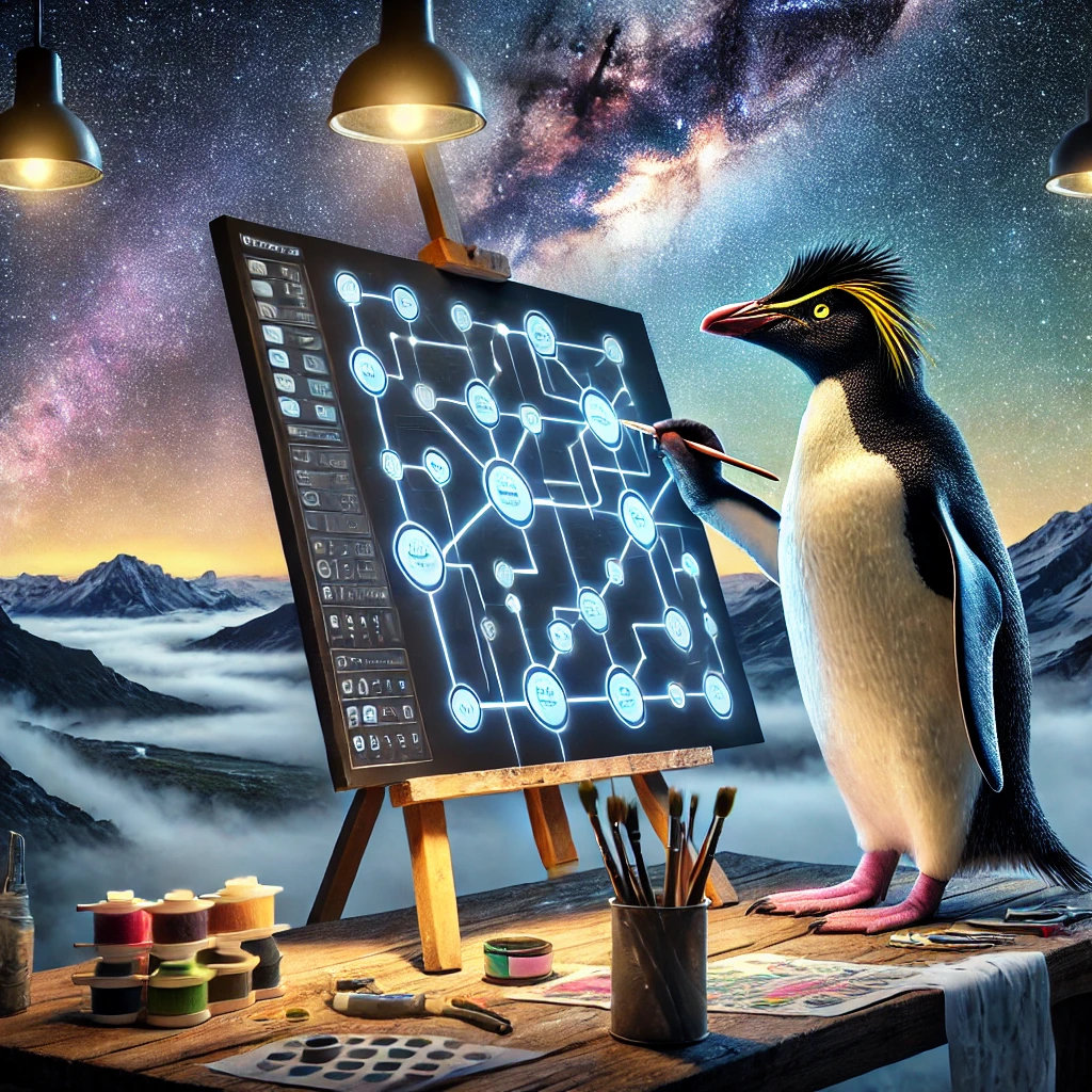 AI Rockhopper designing a complex workflow at its cosmic desk AI Rockhopper designing a complex workflow at its cosmic desk