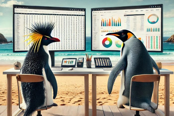 AI Rockhopper and emperor penguins building public-facing dataset on a beach AI Rockhopper and emperor penguins building public-facing dataset on a beach