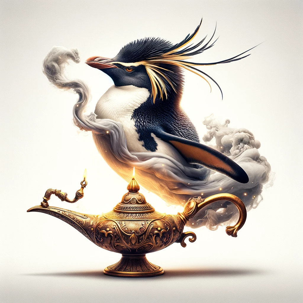 AI Rockhopper penguin as a genie coming out of a lamp AI Rockhopper penguin as a genie coming out of a lamp