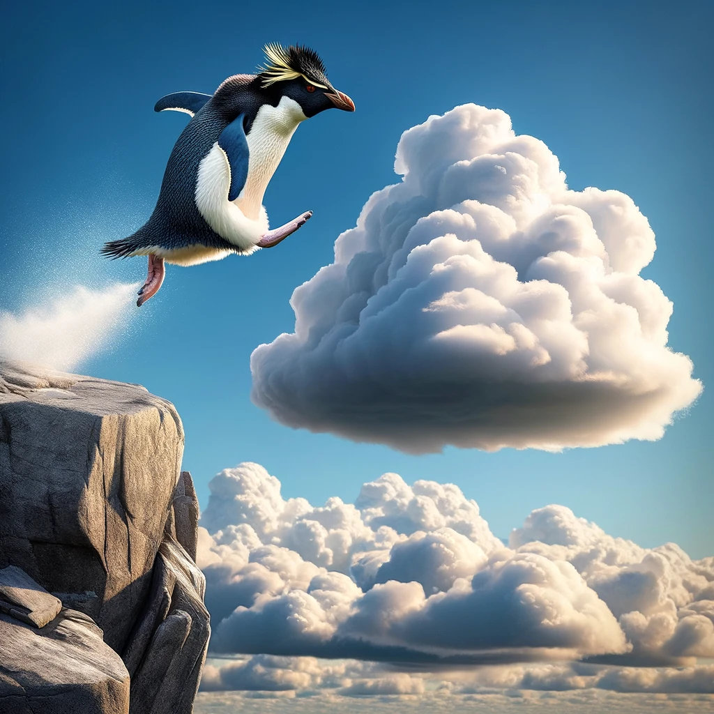 AI Rockhopper penguin jumping from a rock to a cloud