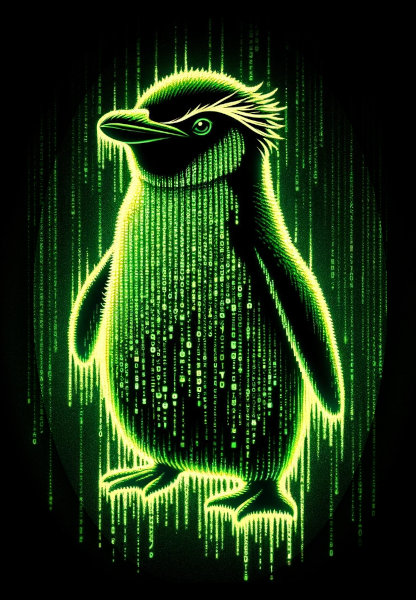AI Rockhopper penguin in matrix code