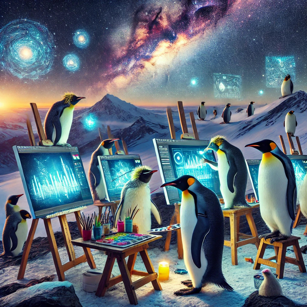 AI Penguins painting in a mountaintop art studio
