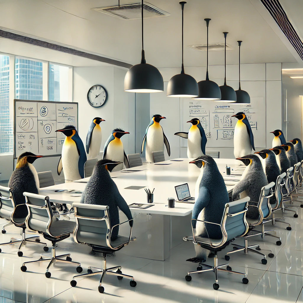 AI Penguins in planning meeting in conference room AI Penguins in planning meeting in conference room