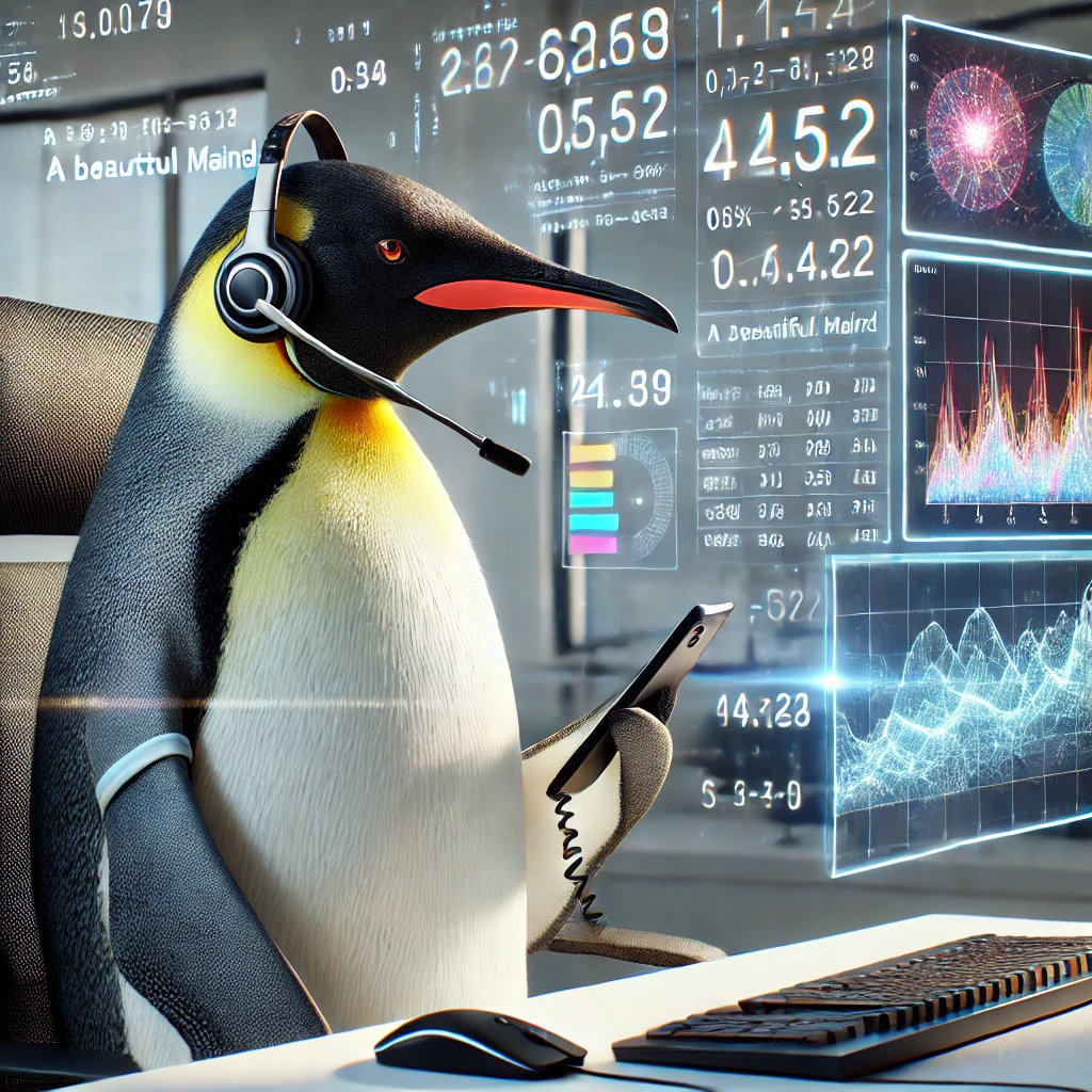 AI emperor penguin on a sales call, informed by dashboards full of data AI emperor penguin on a sales call, informed by dashboards full of data