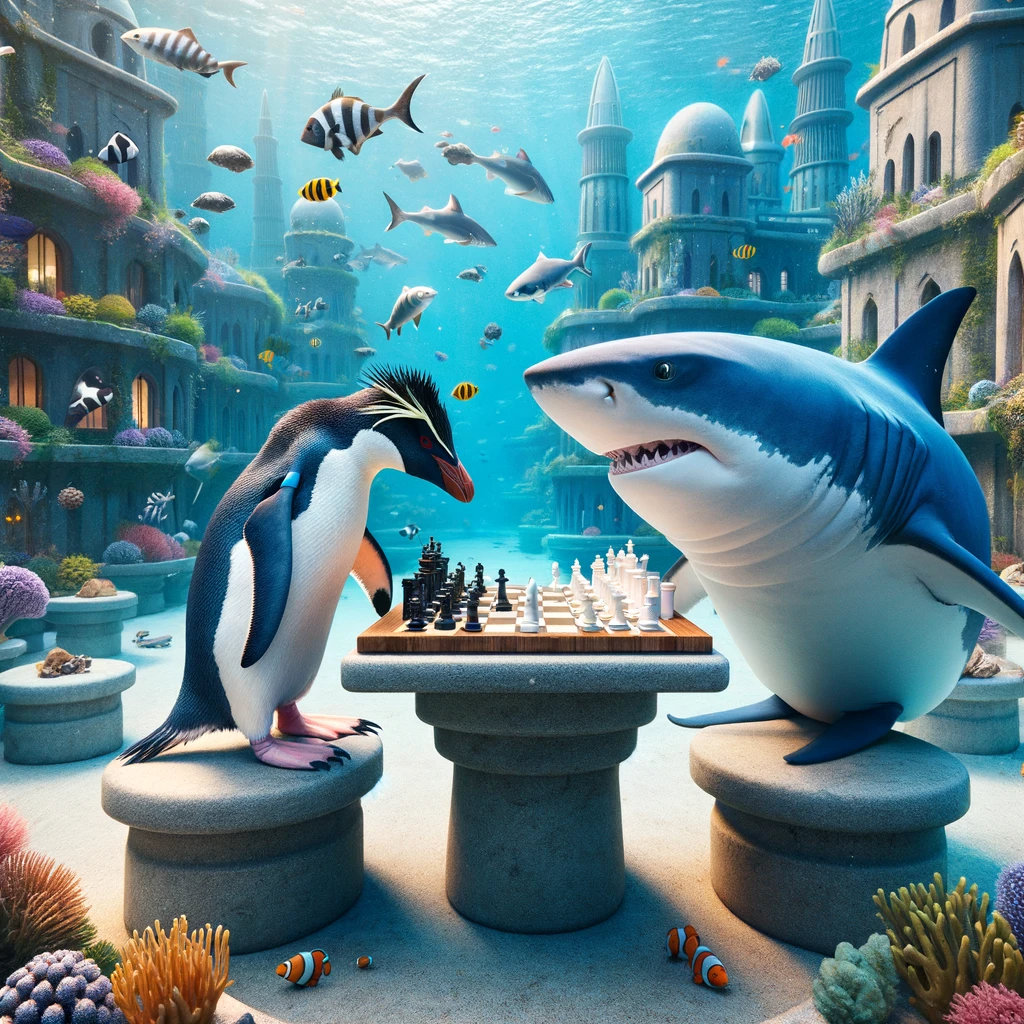 AI Rockhopper penguin playing chess with a shark