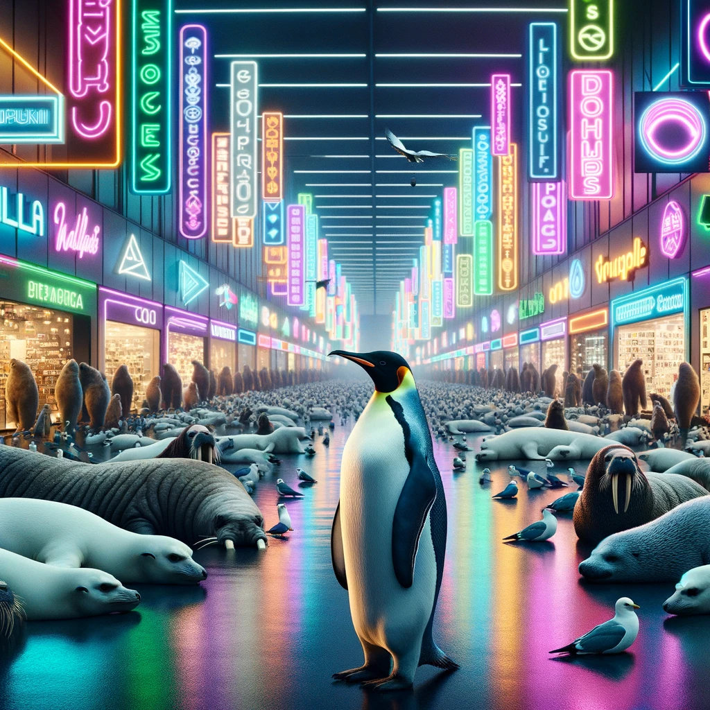 AI Rockhopper penguin walking into a shopping mall of web apps