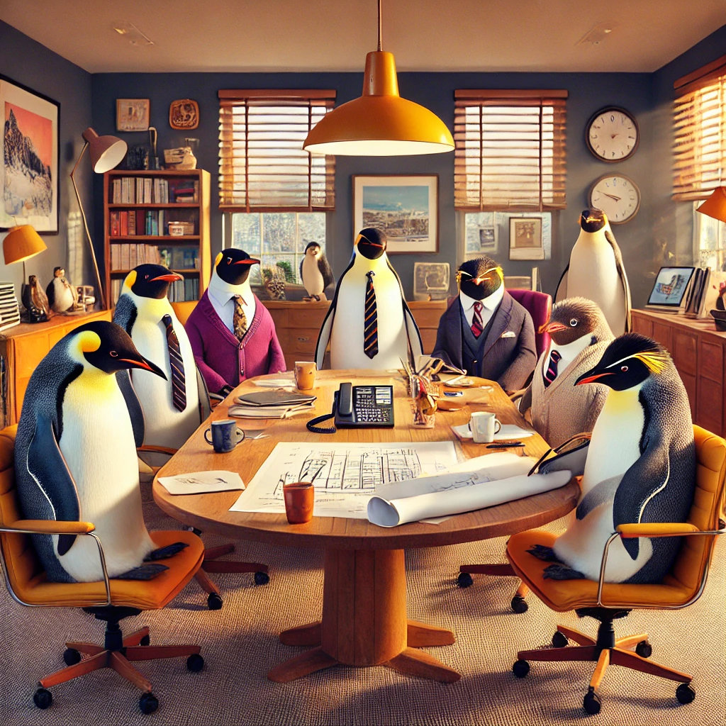 AI Rockhopper penguins planning with emperor penguins in an office