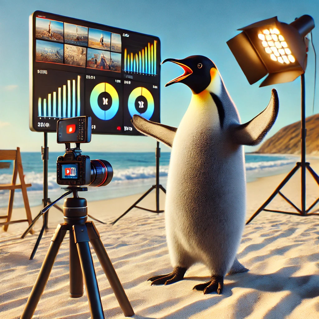 AI Emperor penguin recording video content for marketing at his beach-front studio AI Emperor penguin recording video content for marketing at his beach-front studio