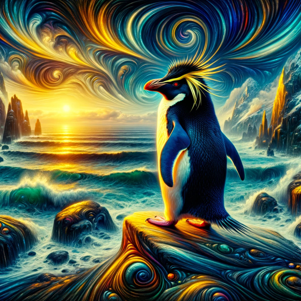 AI Rockhopper penguin looking at visionary sunrise AI Rockhopper penguin looking at visionary sunrise