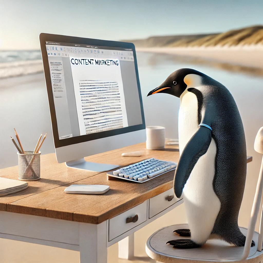Emperor penguin writing content for marketing at his beach-front workstation AI Emperor penguin writing content for marketing at his beach-front workstation