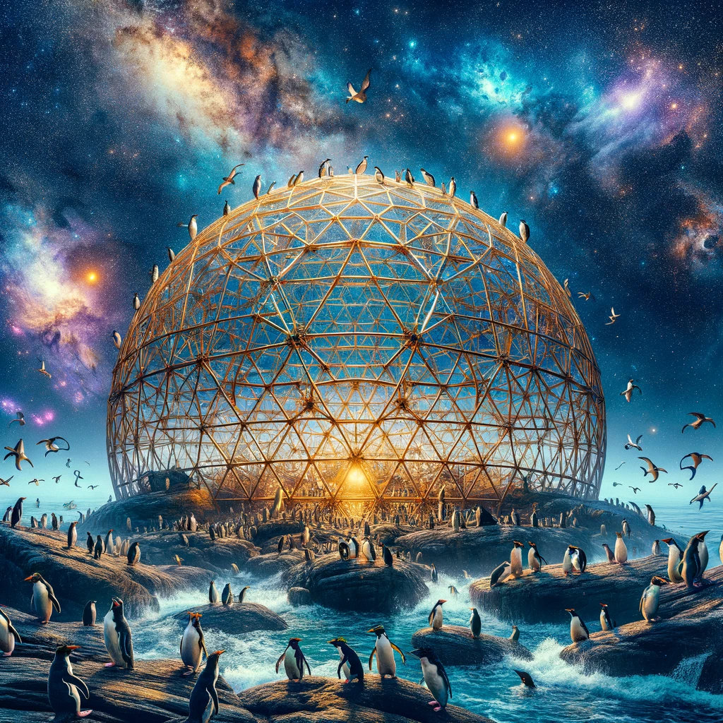 AI Penguins around a geodesic dome on a rocky beach